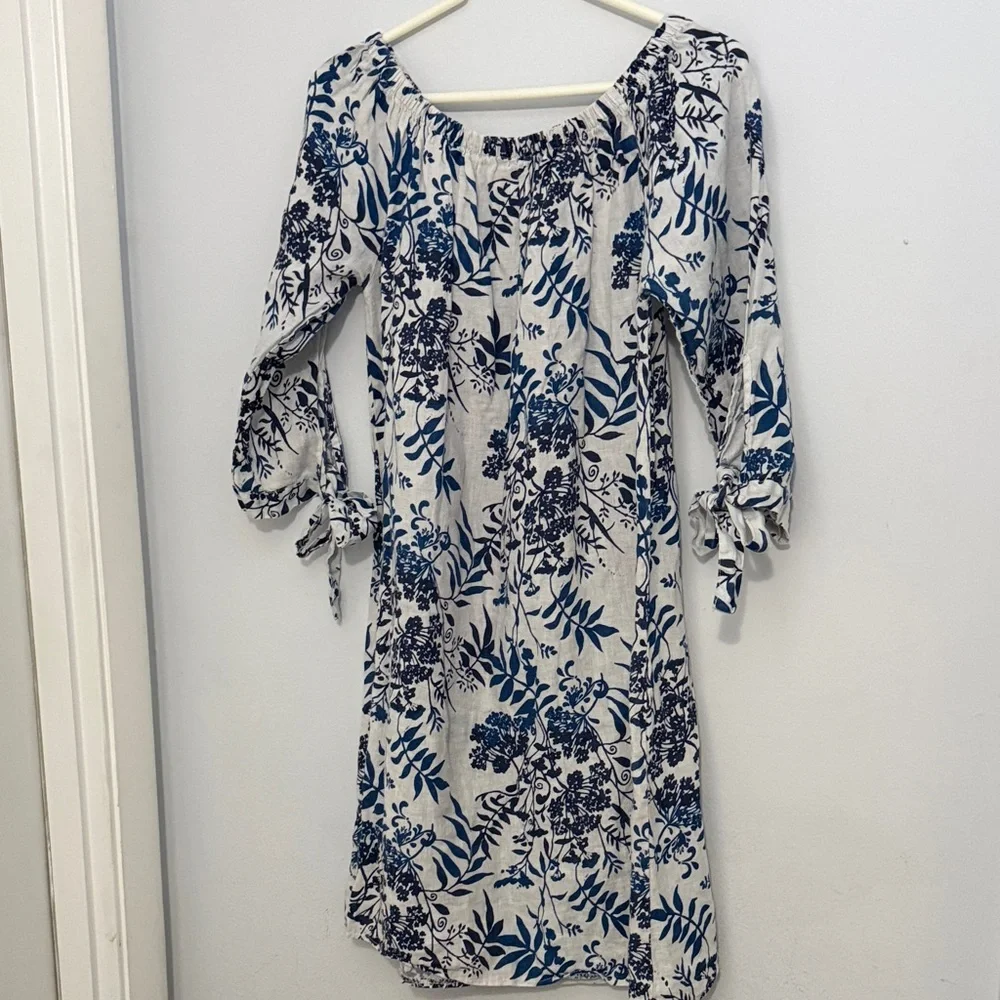 Off-Shoulder Linen Blue Floral Midi Dress with Tie Sleeves Summer Resortwear - Picture 5 of 8